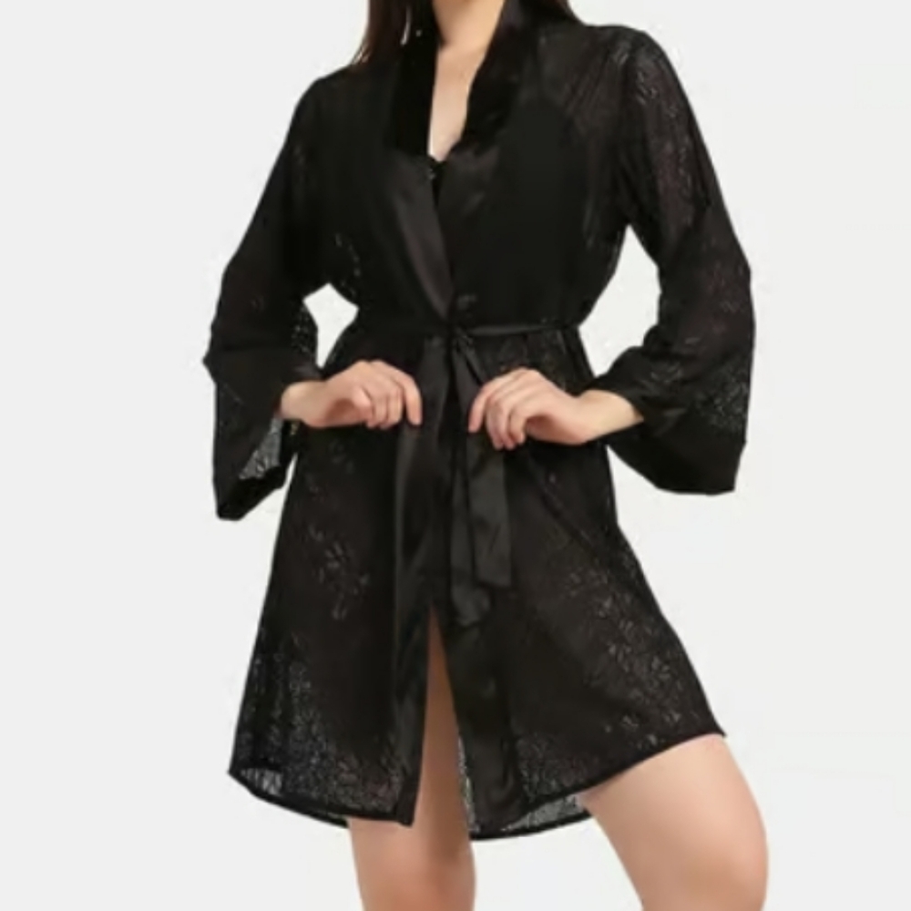 Aprt. 9 (Size M) Black Lace & Satin Panel Trim Wide Sleeve Belted Robe (NEW-NWT)